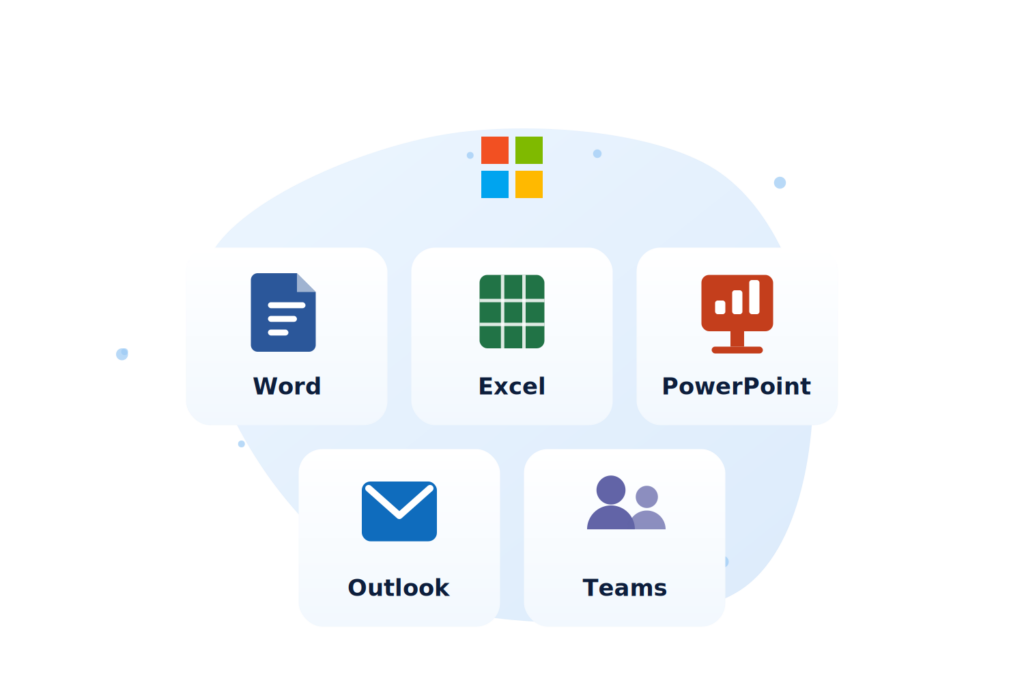 Microsoft 365 apps including Word, Excel, PowerPoint, Outlook and Teams